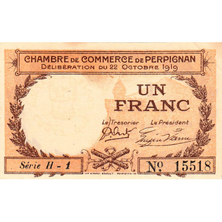 Perpignan - Pirot 100-29 - 1 franc - Série H.1 - 22/10/1919 - Etat : SUP+