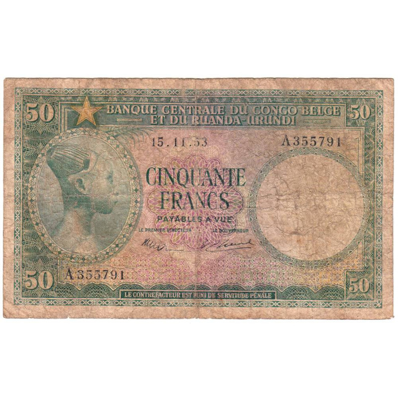 Congo Belge - Pick 27a_1 - 50 francs - Série A - 15/11/1953 - Etat : B-