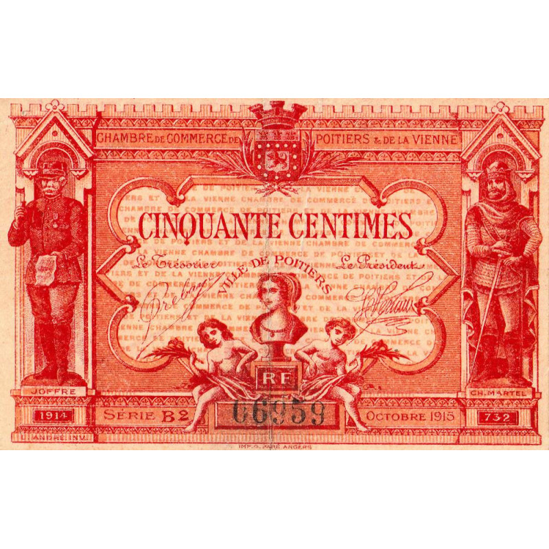 Poitiers et Vienne - Pirot 101-8 - 50 centimes - Série B2 - 07/1917 - Etat : TTB