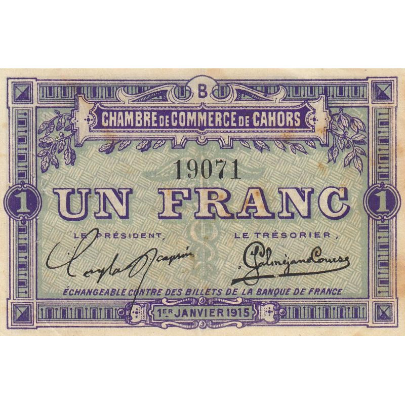 Cahors (Lot) - Pirot 35-7 - 1 franc - Série B - 01/01/1915 - Etat : TTB