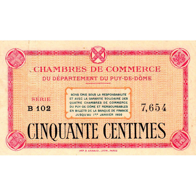 Puy-de-Dôme - Pirot 103-1 - 50 centimes - Série B 102 - Sans date - Etat : SUP