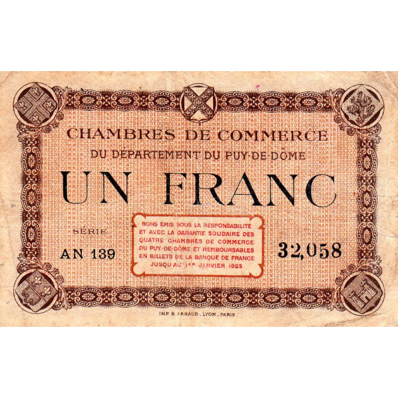 Puy-de-Dôme - Pirot 103-8 - 1 franc - Série AN 139 - Sans date - Etat : TB+
