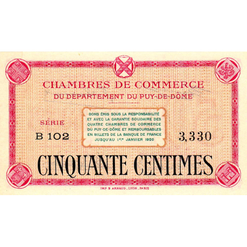 Puy-de-Dôme - Pirot 103-12 - 50 centimes - Série B 102 - Sans date - Etat : pr.NEUF