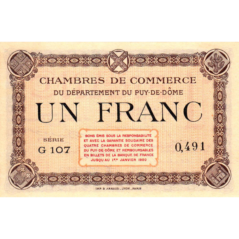 Puy-de-Dôme - Pirot 103-16 - 1 franc - Série G 107 - Sans date - Etat : NEUF