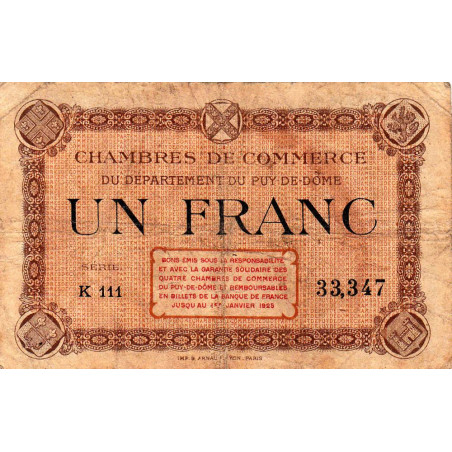 Puy-de-Dôme - Pirot 103-20 - 1 franc - Série K 111 - Sans date - Etat : B+
