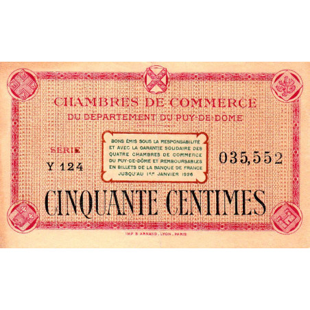Puy-de-Dôme - Pirot 103-22 - 50 centimes - Série Y 124 - Sans date - Etat : TTB+