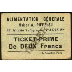 75 - Paris - Alimentation Générale - Rue du Télégraphe - DEUX Francs - 1e type - Etat : TTB