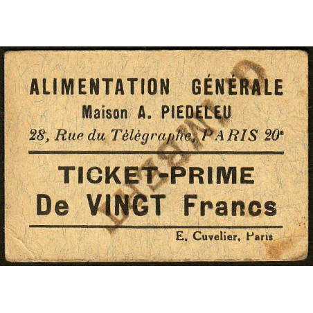 75 - Paris - Alimentation Générale - Rue du Télégraphe - VINGT Francs - 1e type - Etat : TTB+