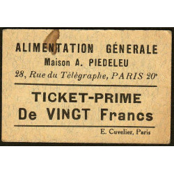 75 - Paris - Alimentation Générale - Rue du Télégraphe - VINGT Francs - 1e type - Etat : TTB