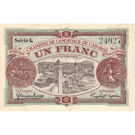 Cahors (Lot) - Pirot 35-24 - 1 franc - Série L - 17/09/1919 - Etat : TTB