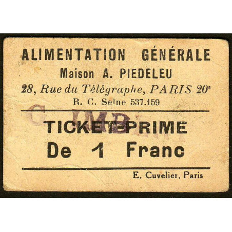 75 - Paris - Alimentation Générale - Rue du Télégraphe - 1 Franc - 2e type - Etat : TB