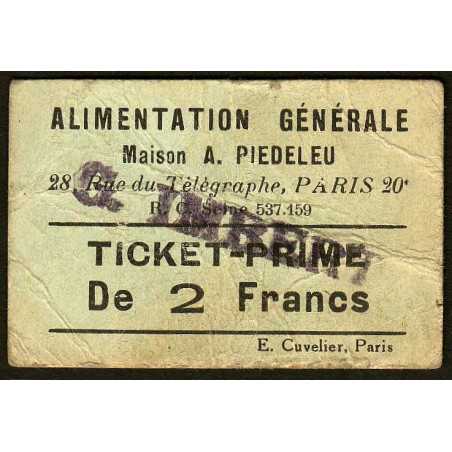 75 - Paris - Alimentation Générale - Rue du Télégraphe - 2 Francs - 2e type - Etat : TB-
