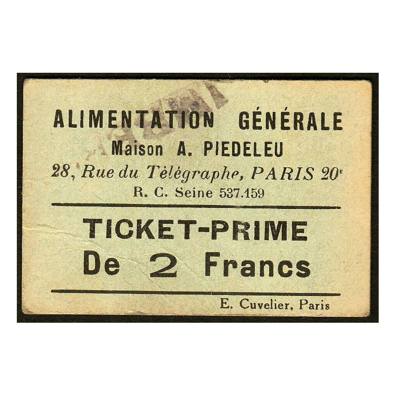 75 - Paris - Alimentation Générale - Rue du Télégraphe - 2 Francs - 2e type - Etat : TTB+