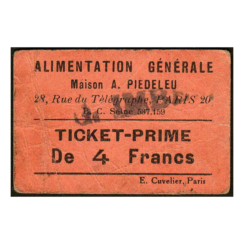 75 - Paris - Alimentation Générale - Rue du Télégraphe - 4 Francs - 2e type - Etat : TB