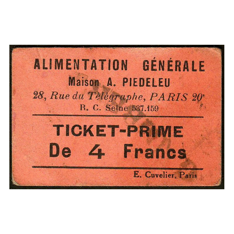 75 - Paris - Alimentation Générale - Rue du Télégraphe - 4 Francs - 2e type - Etat : TTB