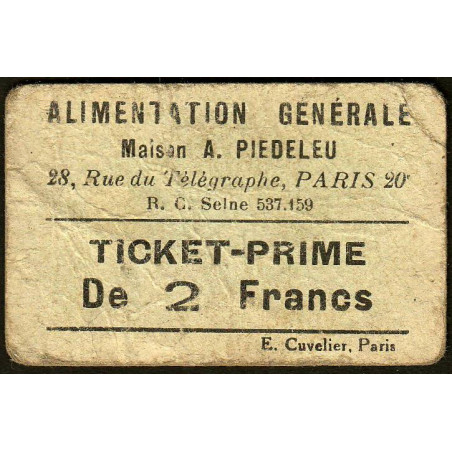 75 - Paris - Alimentation Générale - Rue du Télégraphe - 2 Francs - 2e type - Etat : TB-