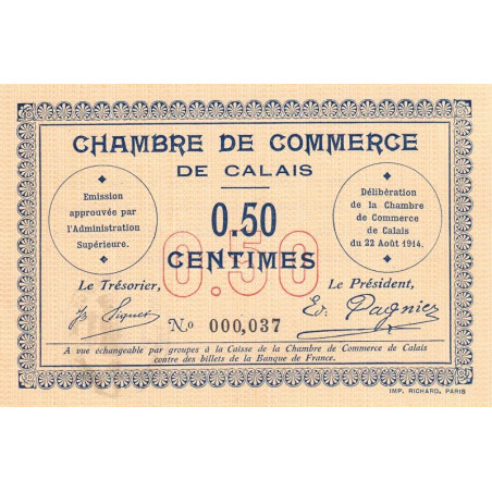 Calais - Pirot 36-1 - 50 centimes - Sans série - 22/08/1914 - Etat : SPL