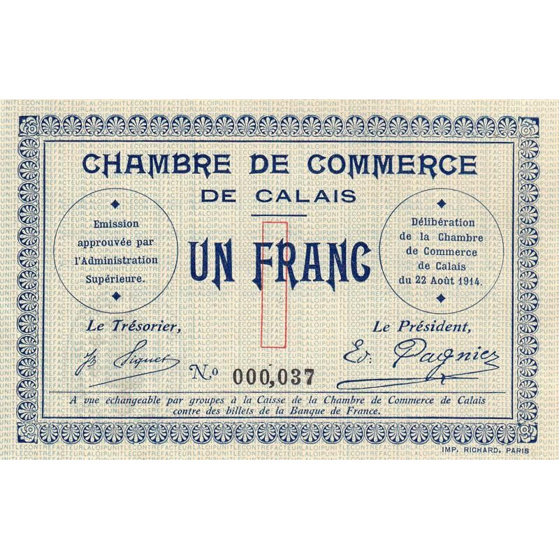 Calais - Pirot 36-3 - 1 franc - Sans série - 22/08/1914 - Etat : SPL+