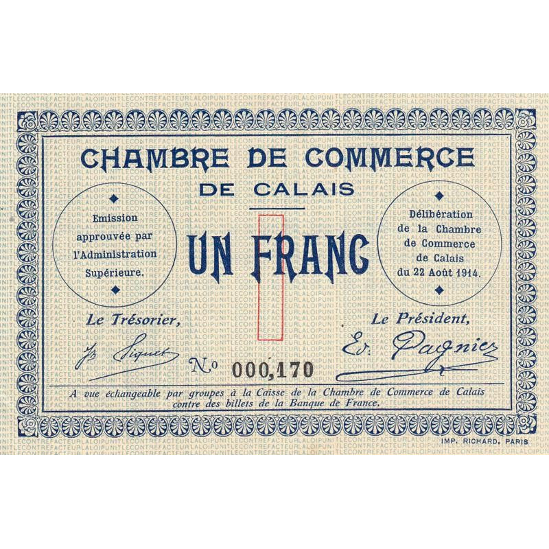 Calais - Pirot 36-3 - 1 franc - Sans série - 22/08/1914 - Etat : SPL
