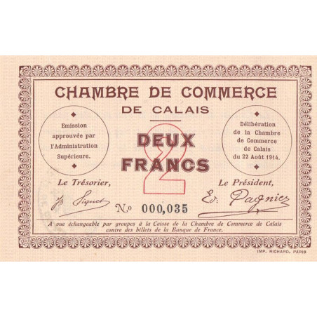 Calais - Pirot 36-5 - 2 francs - Sans série - 22/08/1914 - Etat : SPL