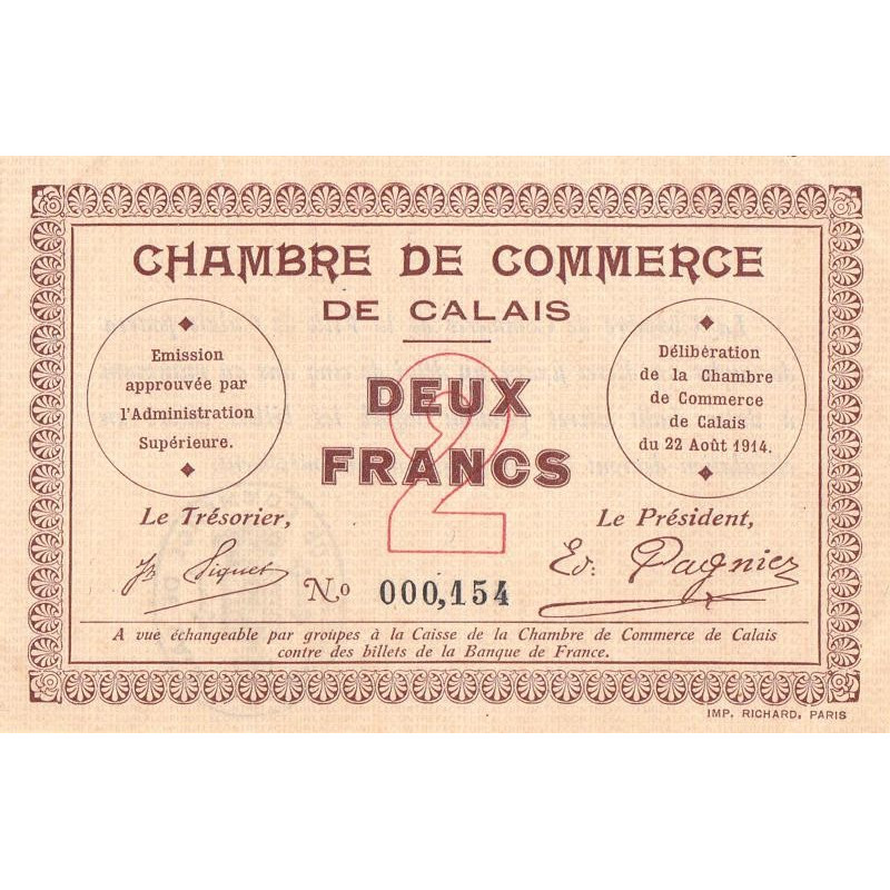 Calais - Pirot 36-5 - 2 francs - Sans série - 22/08/1914 - Etat : SUP+