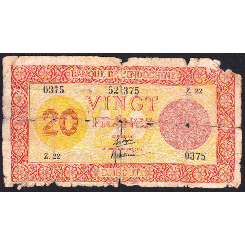 Djibouti - Pick 15 - 20 francs - Série Z.22 - 1944 - Etat : AB