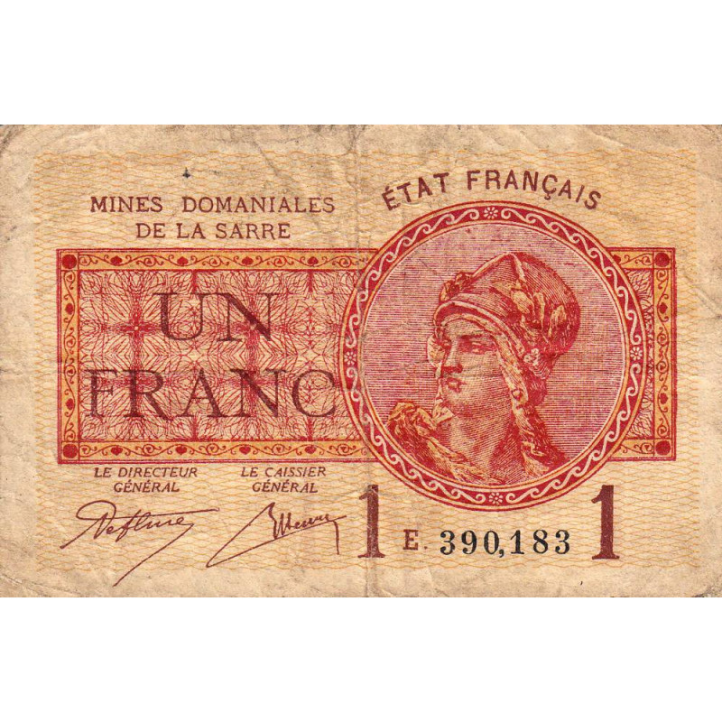 VF 51-05 - 1 franc - Mines Domaniales de la Sarre - 1919 - Série E - Etat : B+