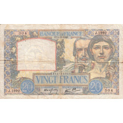 F 12-10 - 05/12/1940 - 20 francs - Science et Travail - Série J.1992 - Etat : TB-