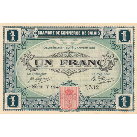 Calais - Pirot 36-25 - 1 franc - Série Y 124 - 14/01/1916 - Etat : SUP+