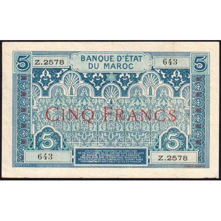 Maroc - Pick 9_3 - 5 francs - Série Z.2578 - 1929 - Etat : TTB+