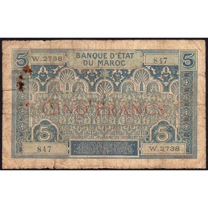 Maroc - Pick 9_3 - 5 francs - Série W.2378 (remplacement) - 1929 - Etat : B+
