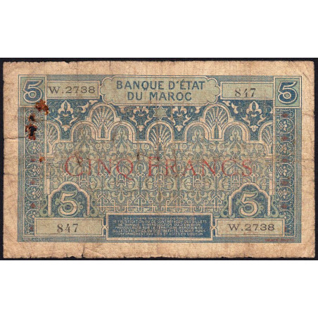 Maroc - Pick 9_3 - 5 francs - Série W.2378 (remplacement) - 1929 - Etat : B+