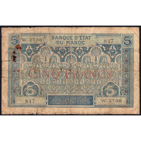 Maroc - Pick 9_3 - 5 francs - Série W.2378 (billet de remplacement) - 1929 - Etat : B+