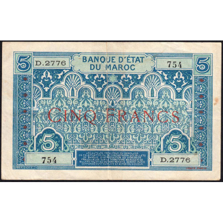 Maroc - Pick 9_3 - 5 francs - Série D.2776 - 1929 - Etat : TB