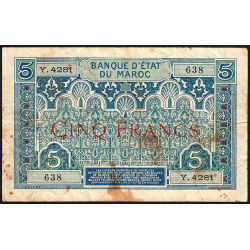 Maroc - Pick 9_5 - 5 francs - Série Y.4281 - 1941 - Etat : TB-