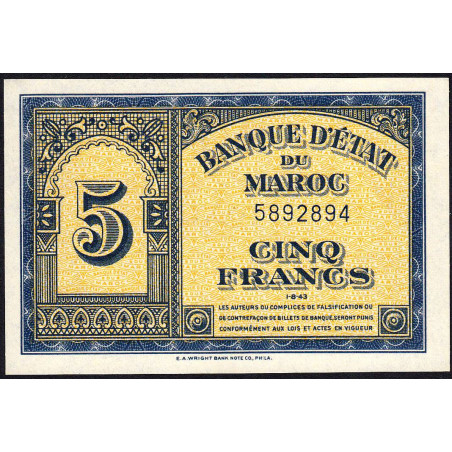 Maroc - Pick 24_1a - 5 francs - 01/08/1943 - Etat : NEUF