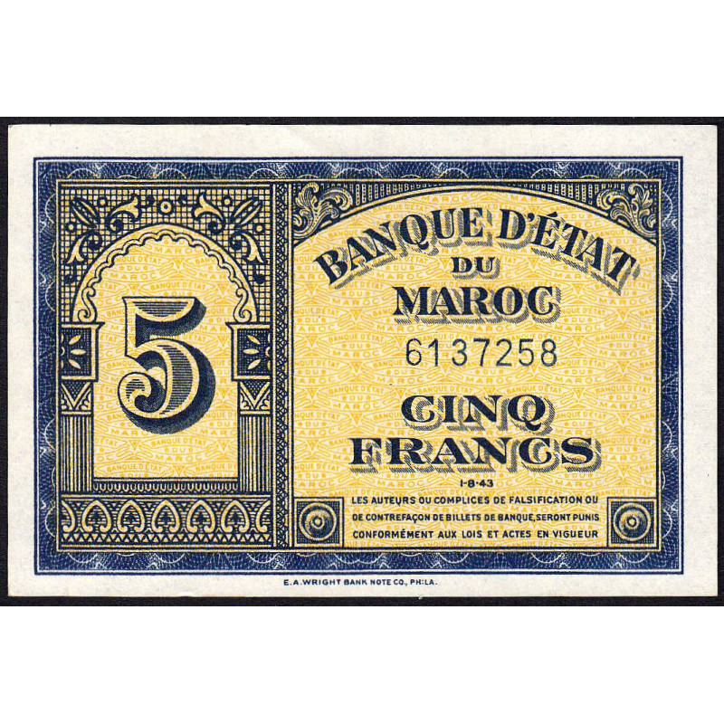 Maroc - Pick 24_1a - 5 francs - 01/08/1943 - Etat : SPL