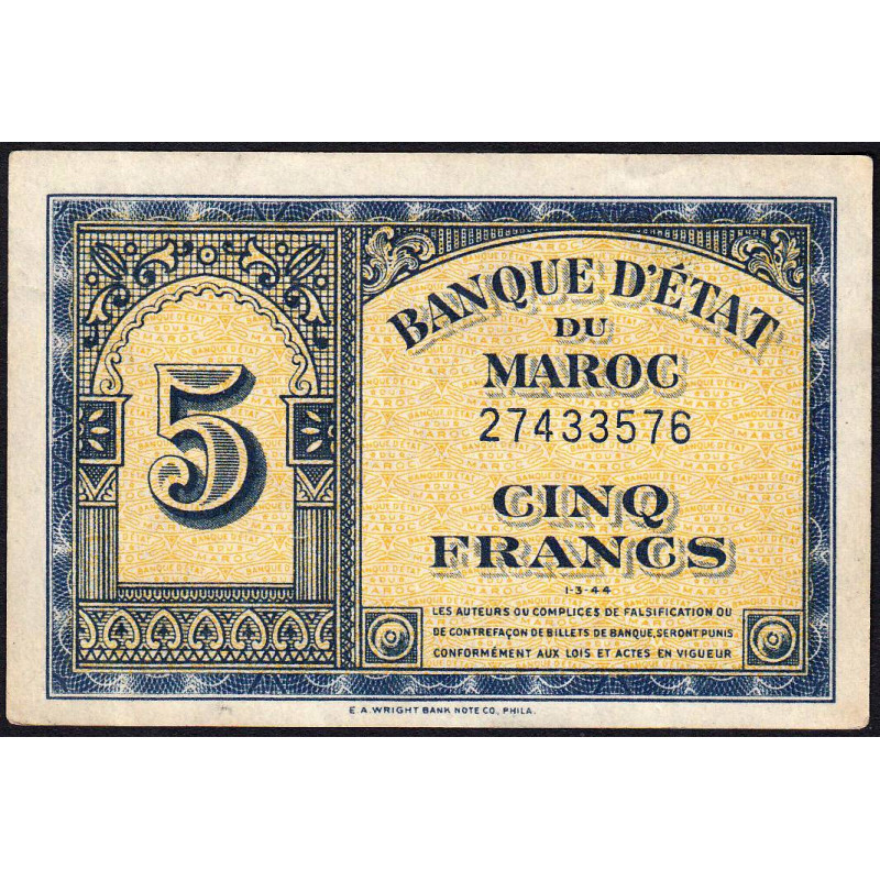 Maroc - Pick 24_2 - 5 francs - 01/03/1944 - Etat : TTB+