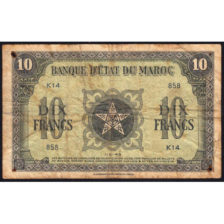 Maroc - Pick 25_1 - 10 francs - Série K14 - 01/05/1943 - Etat : B