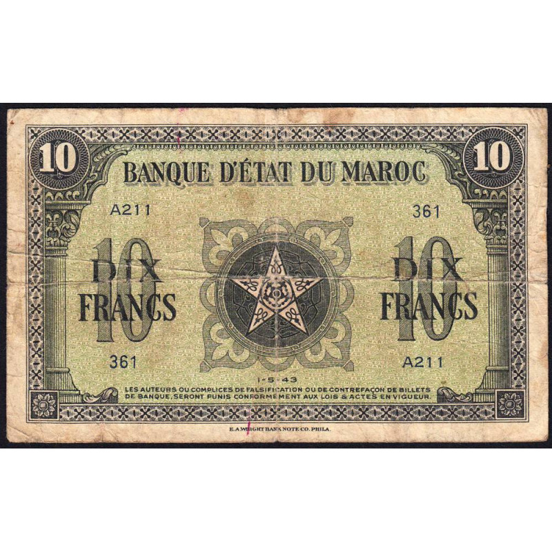 Maroc - Pick 25_1 - 10 francs - Série A211 - 01/05/1943 - Etat : TB