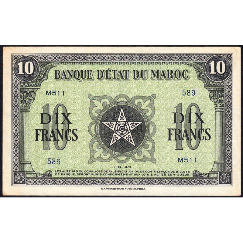 Maroc - Pick 25_2 - 10 francs - Série M511 - 01/08/1943 - Etat : SPL