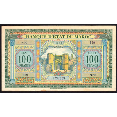 Maroc - Pick 27_1 - 100 francs - Série N70 - 01/05/1943 - Etat : TTB