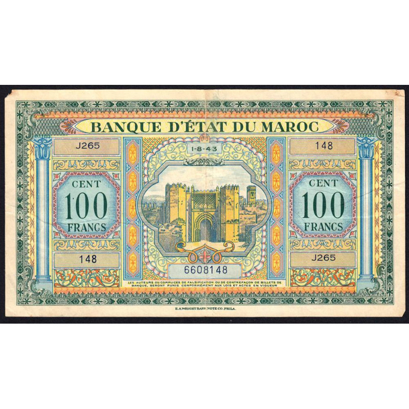Maroc - Pick 27_2 - 100 francs - Série J265 - 01/08/1943 - Etat : TB+