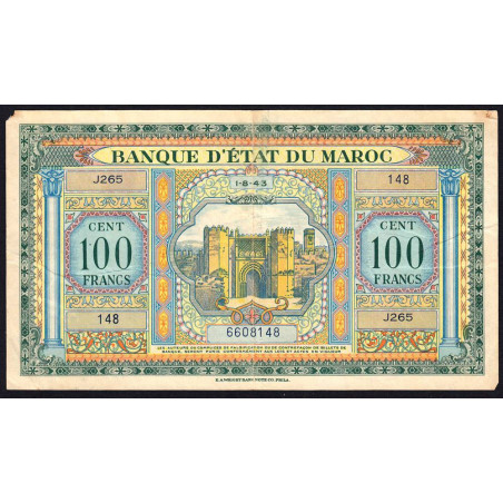 Maroc - Pick 27_2 - 100 francs - Série J265 - 01/08/1943 - Etat : TB+