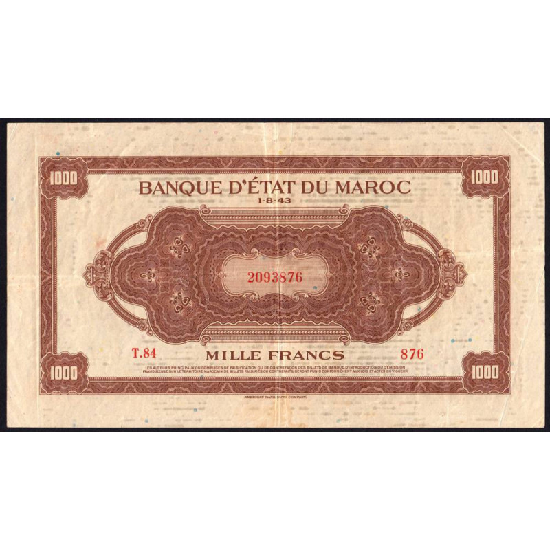 Maroc - Pick 28_2 - 1'000 francs - Série T.84 - 01/08/1943 - Etat : TTB-