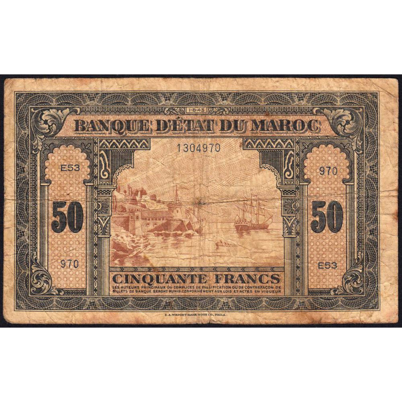Maroc - Pick 26_1 - 50 francs - Série E53 - 01/08/1943 - Etat : B+ à TB-