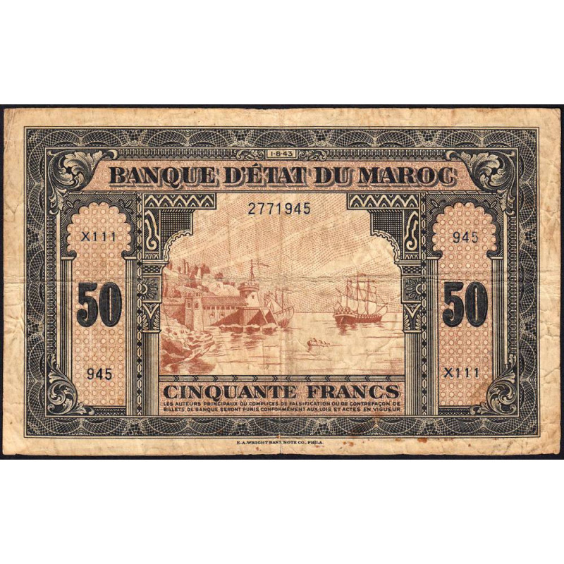 Maroc - Pick 26_1 - 50 francs - Série X111 - 01/08/1943 - Etat : B+ à TB-