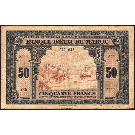 Maroc - Pick 26_1 - 50 francs - Série X111 - 01/08/1943 - Etat : B+ à TB-