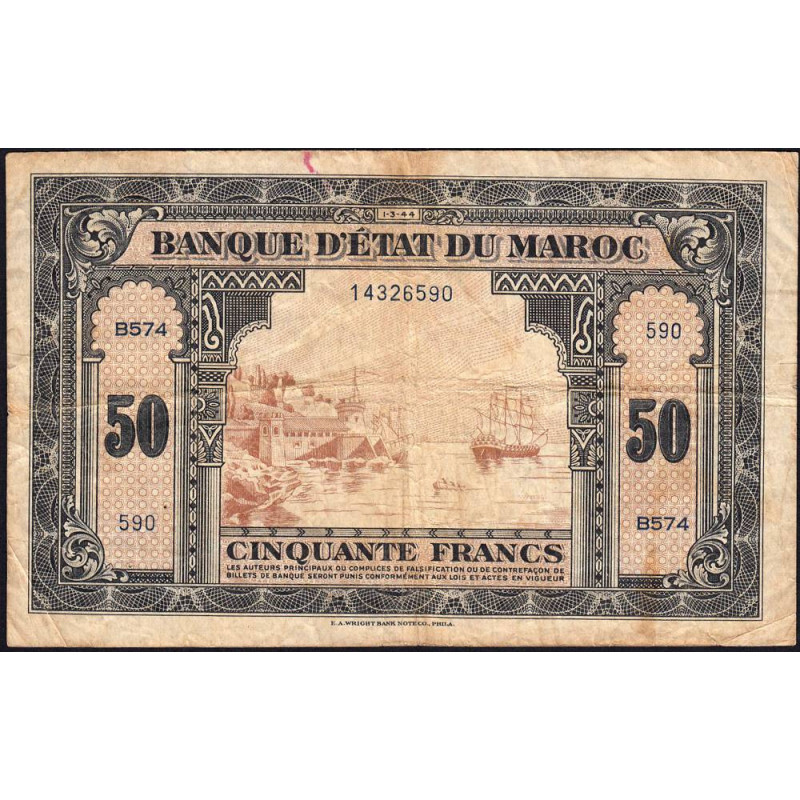 Maroc - Pick 26_2 - 50 francs - Série B574 - 01/03/1944 - Etat : TB-