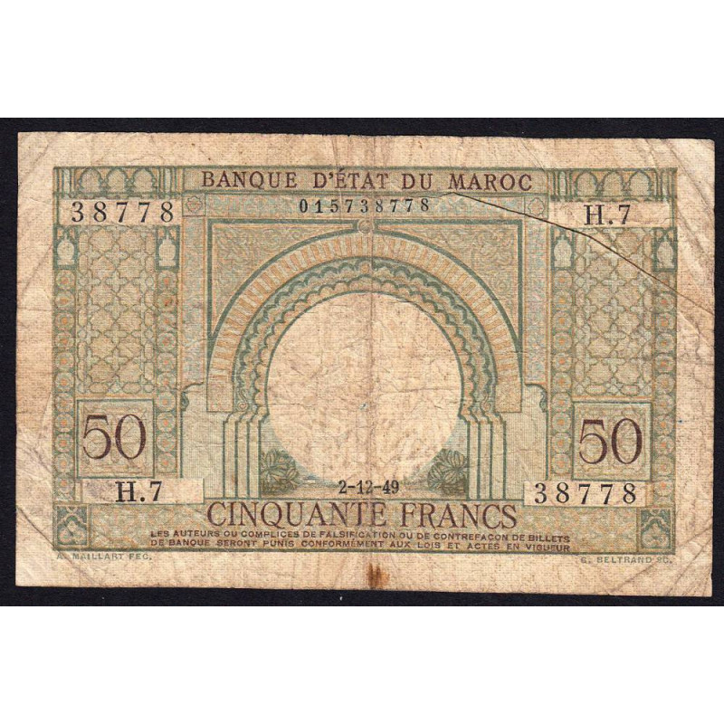 Maroc - Pick 44 - 50 francs - Série H.7 - 02/12/1949 - Etat : B+ à TB-